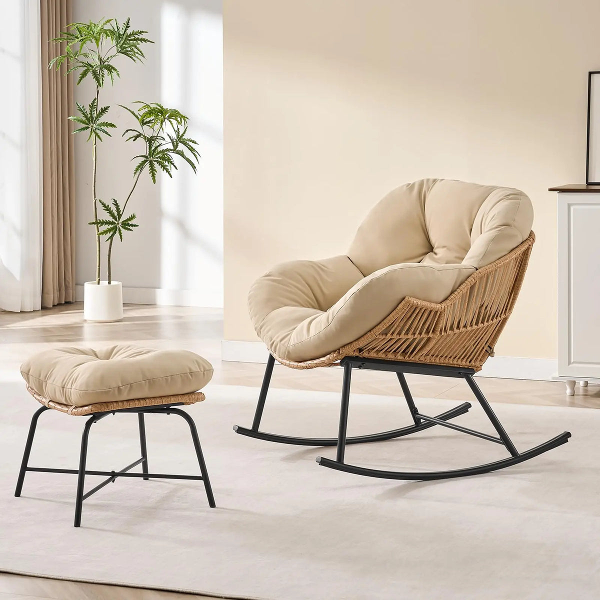 ONBRILL Rattan Papasan Rocking Chair And Ottoman Indoor Outdoor Lounge
