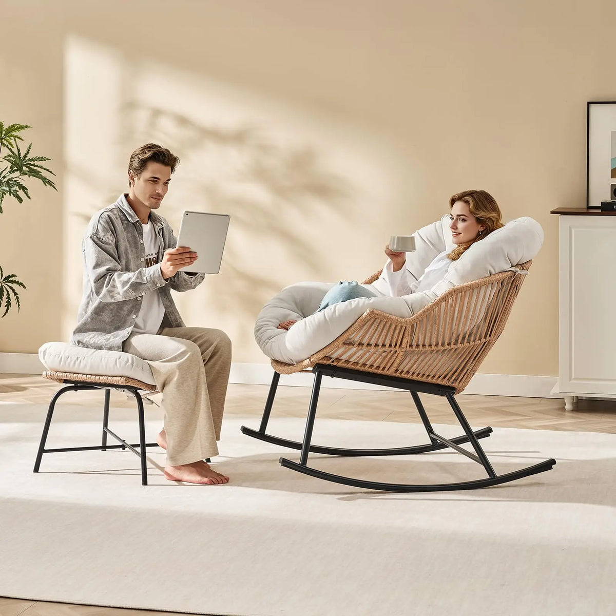 ONBRILL Rattan Papasan Rocking Chair And Ottoman Indoor Outdoor Lounge