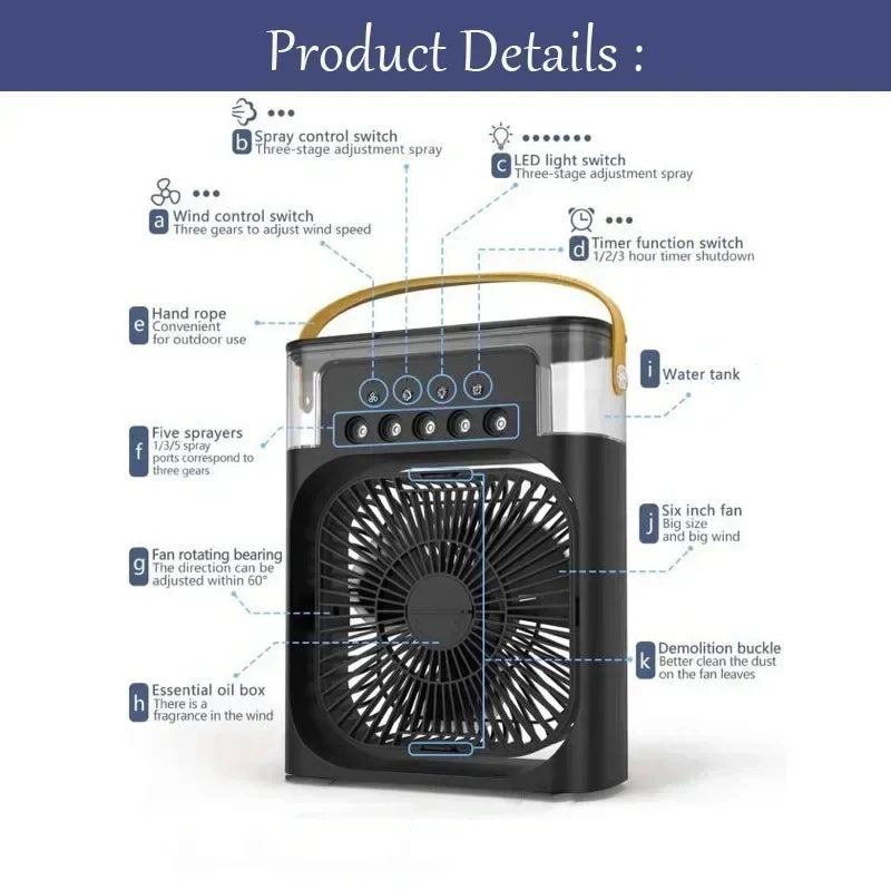 Portable 3 In 1 Air Cooler Humidifier Fan LED Light