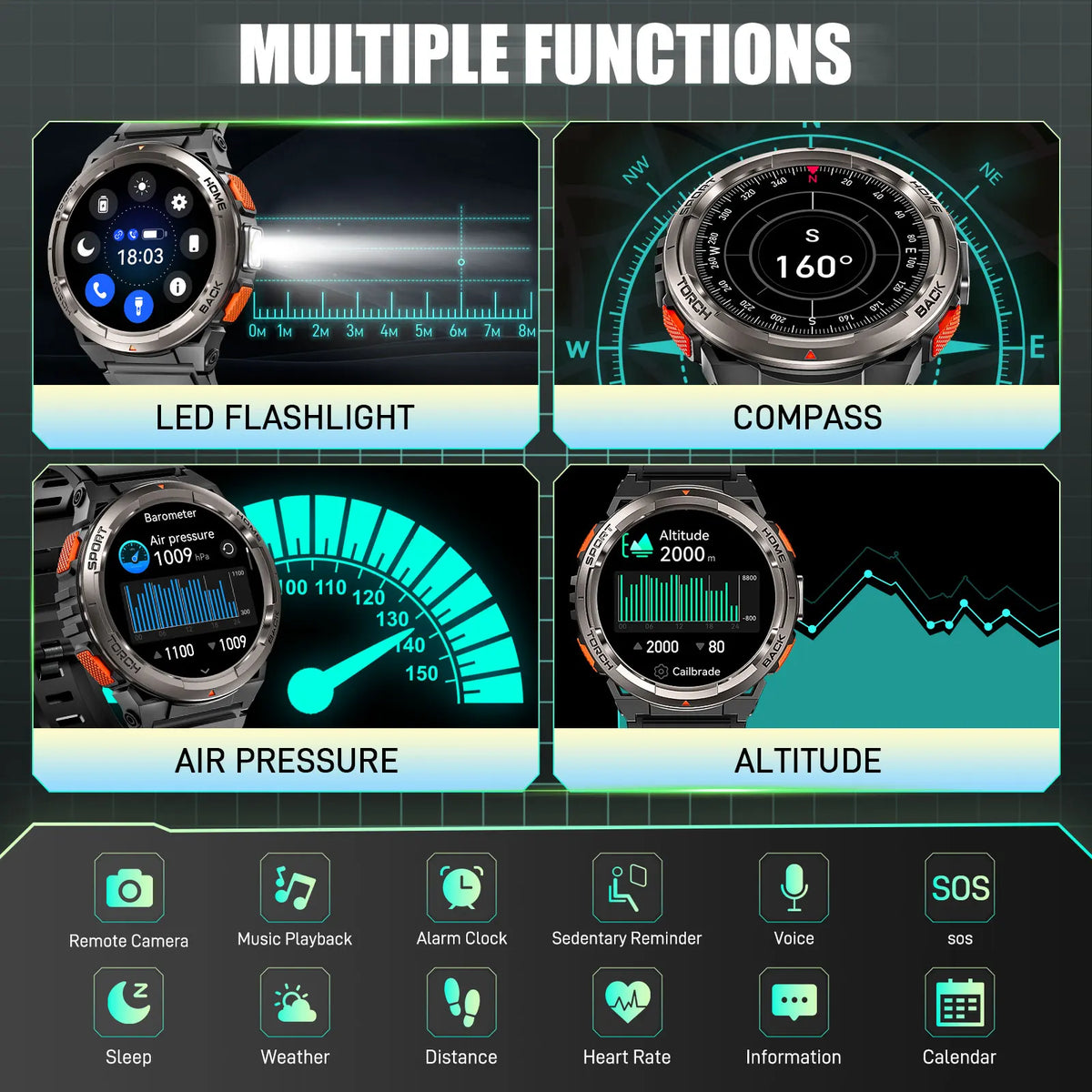 EIGIIS Smart Sports Watch With Compass Altimeter And LED Flashlight
