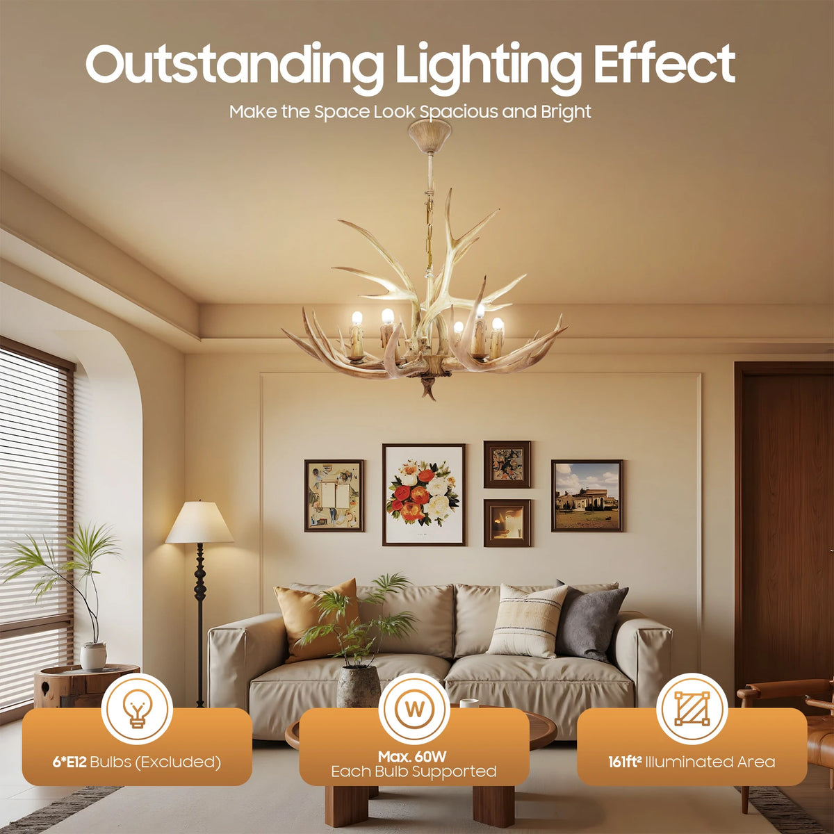 Retro Deer Antler Six Light Wood Ceiling Pendant Light