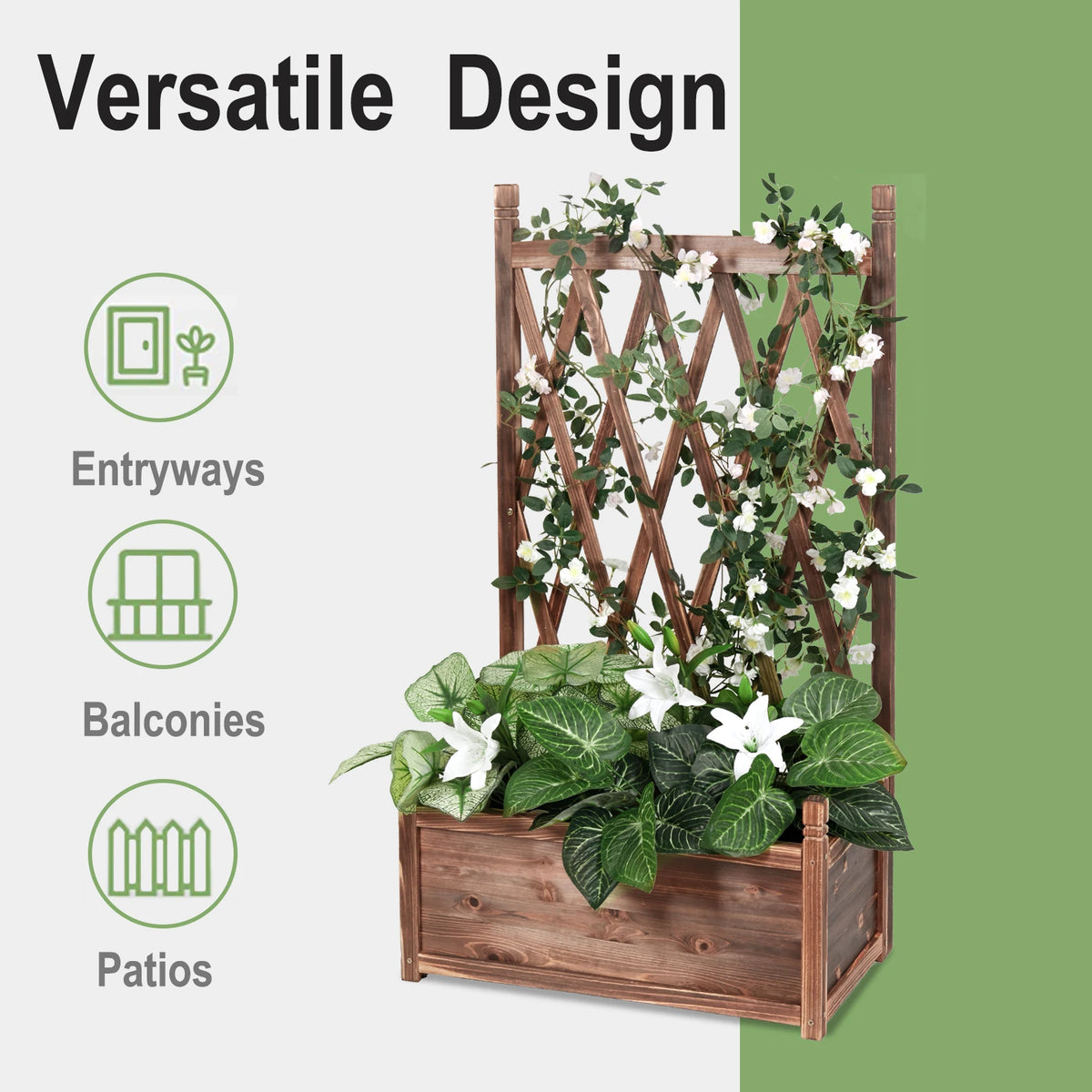 Raised Wooden Garden Bed Planter Box With Growing Trellis