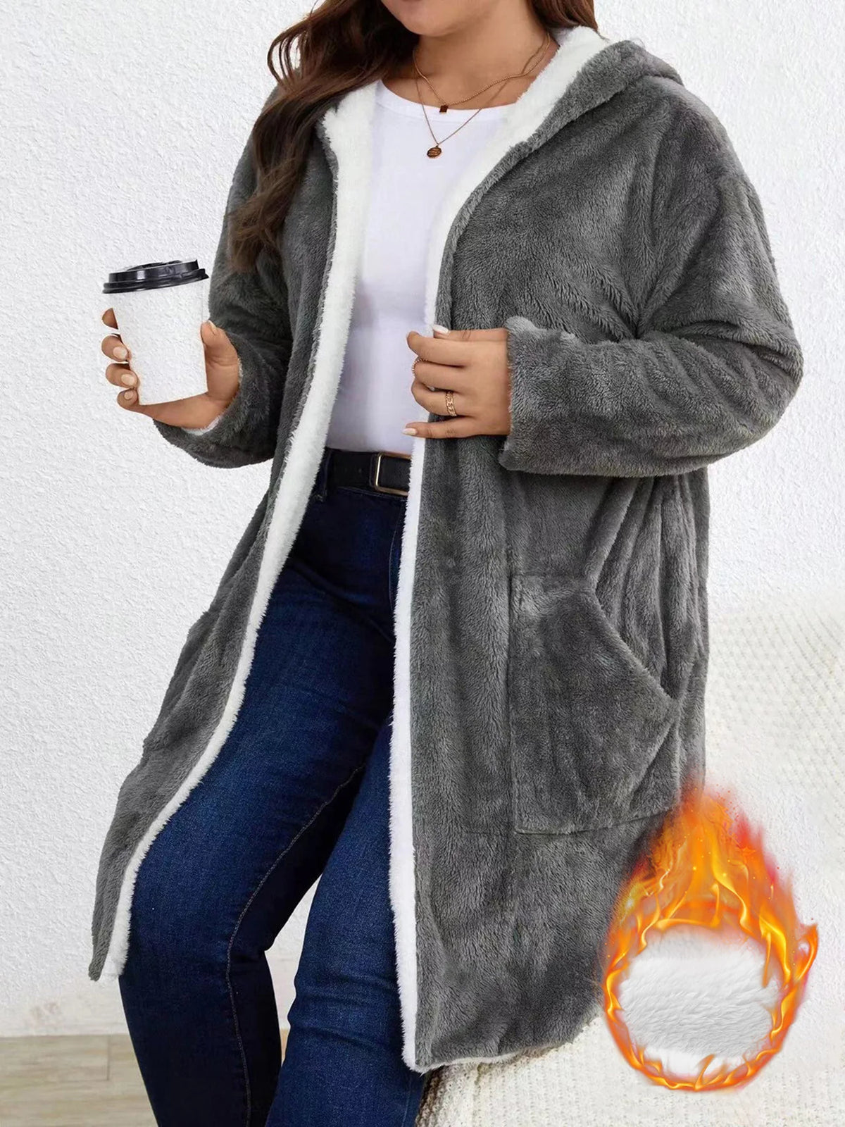 Womens Fleece Lined Hooded Sherpa Trim Open Cardigan Coat