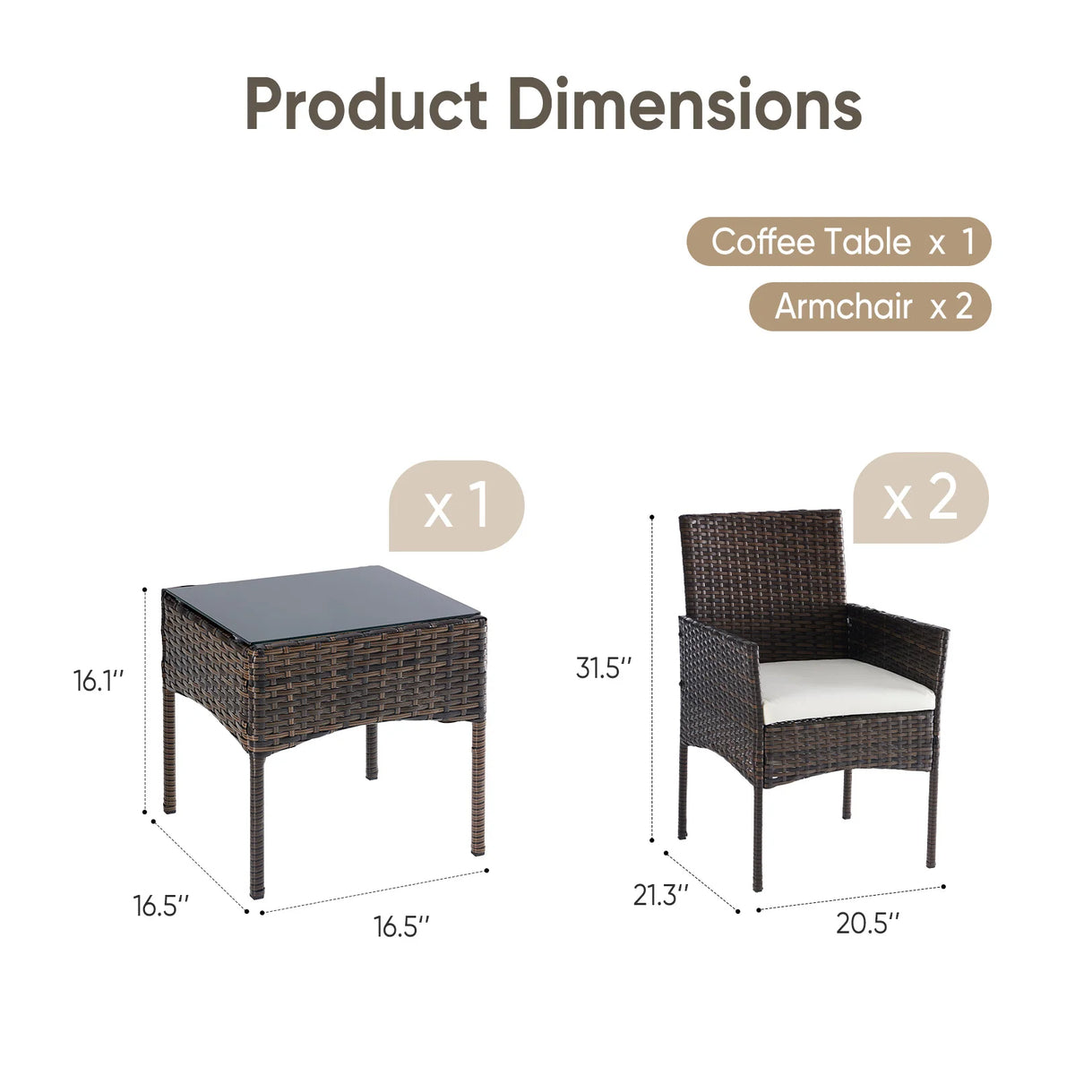 JHK Wicker Patio Bistro Set With Cushions And Glass Table
