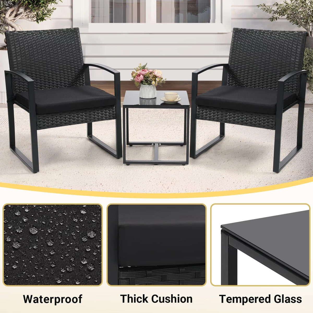 TUAREX Outdoor Wicker Bistro Set With Coffee Table And Cushions