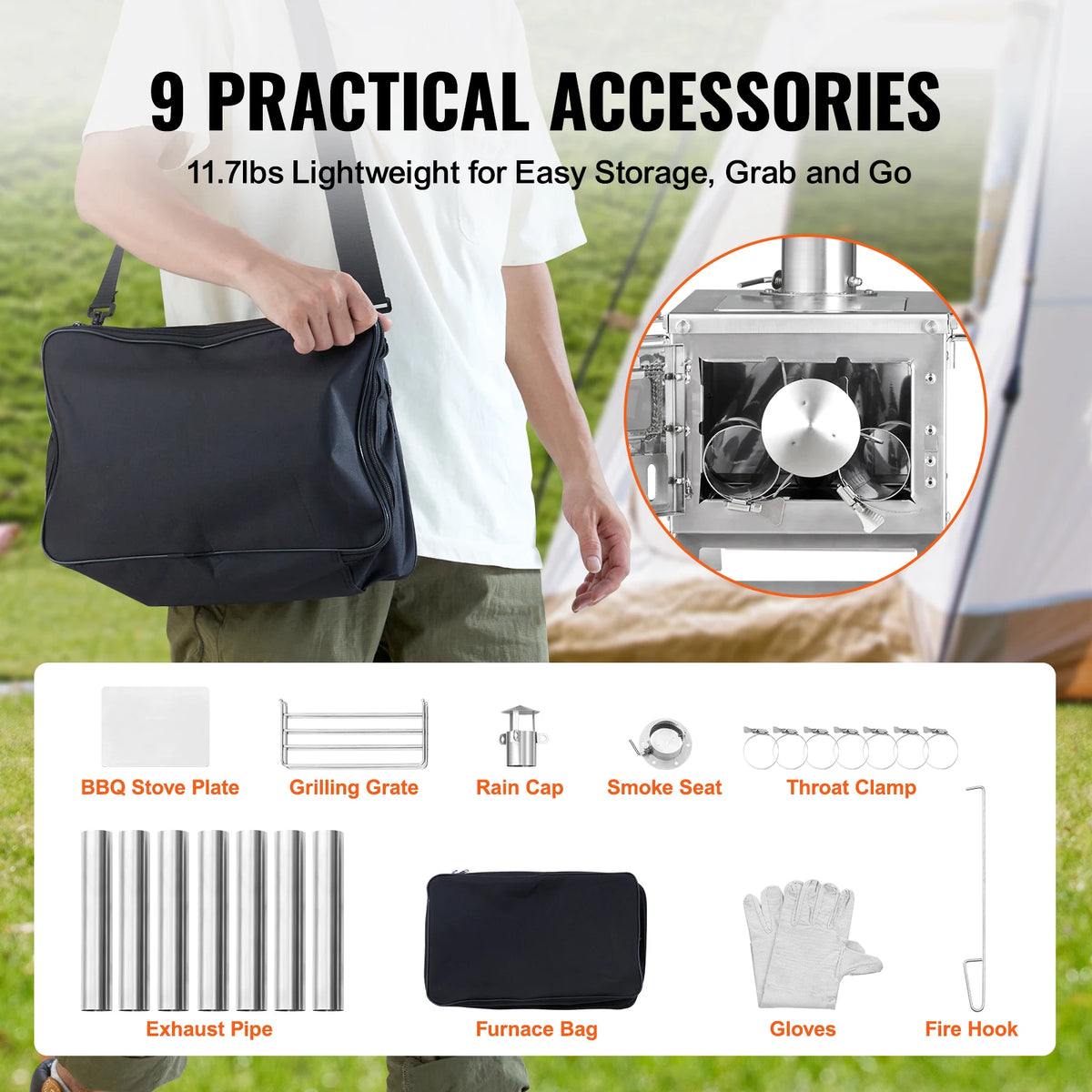 Portable Camping Wood Stove With Chimney Pipes And Protective Gloves