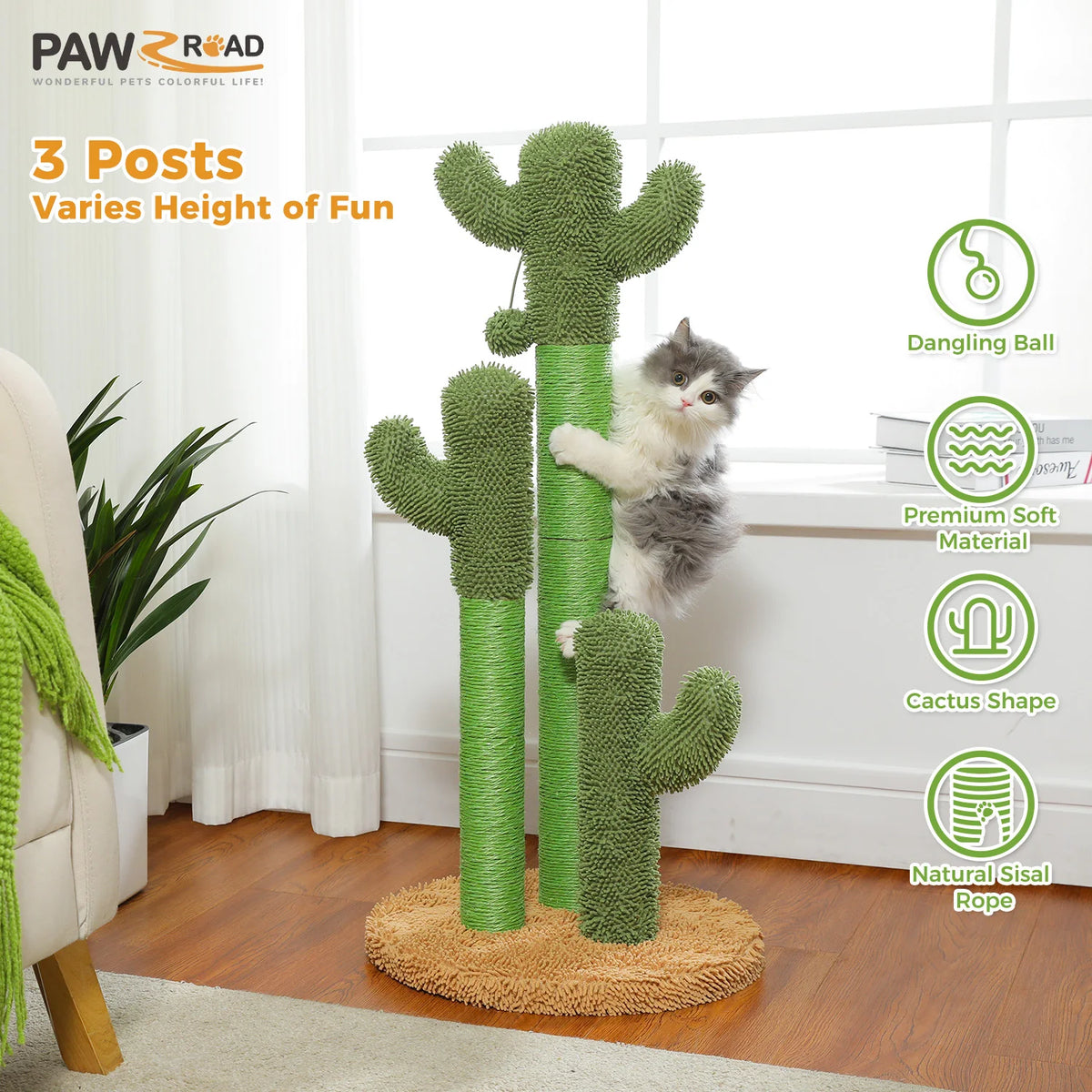 PAWZ Road Cactus Sisal Cat Scratching Post With Interactive Toy