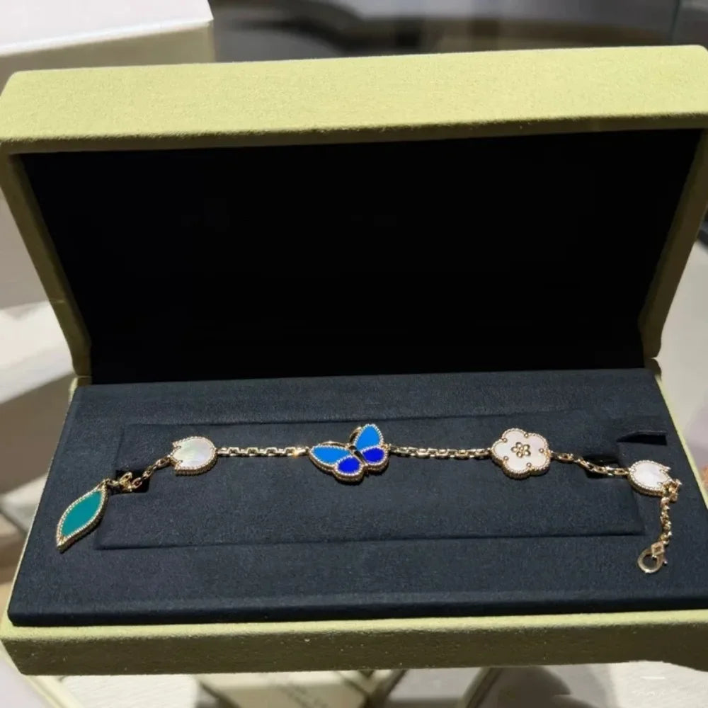 Retro Butterfly Flower Seashell Inlaid Chain Link Bracelet for Women