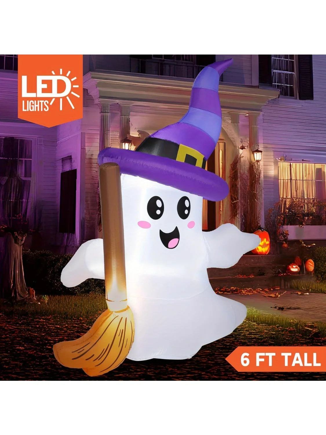 Halloween Blow Up Ghost with Broom LED Outdoor Yard Inflatables