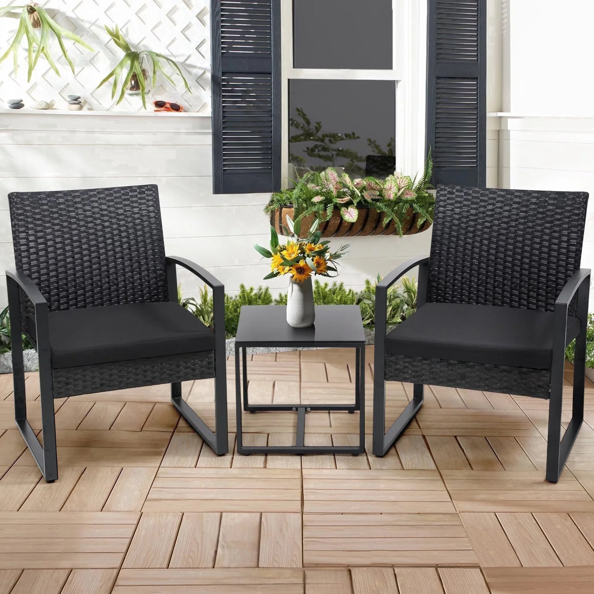 TUAREX Outdoor Wicker Bistro Set With Coffee Table And Cushions
