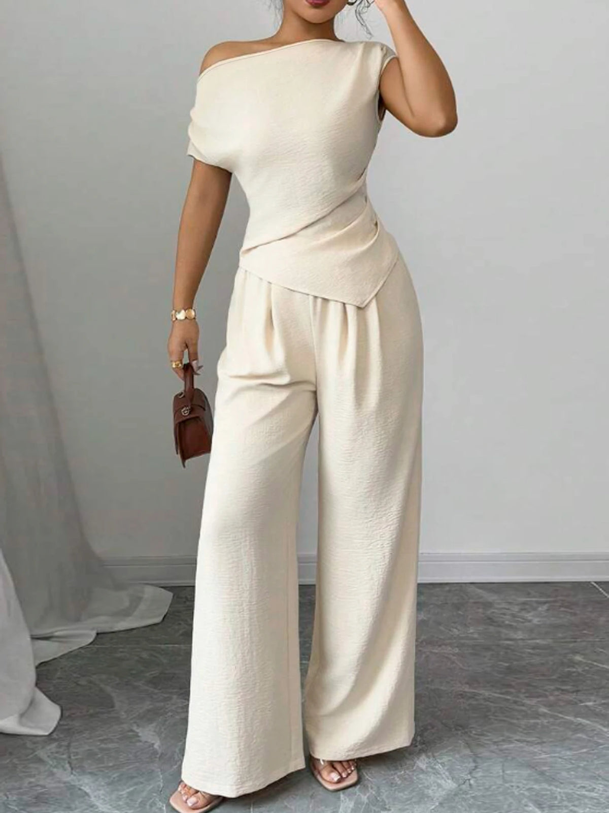 Casual Asymmetric Top And Wide Leg Pants Two Piece Set