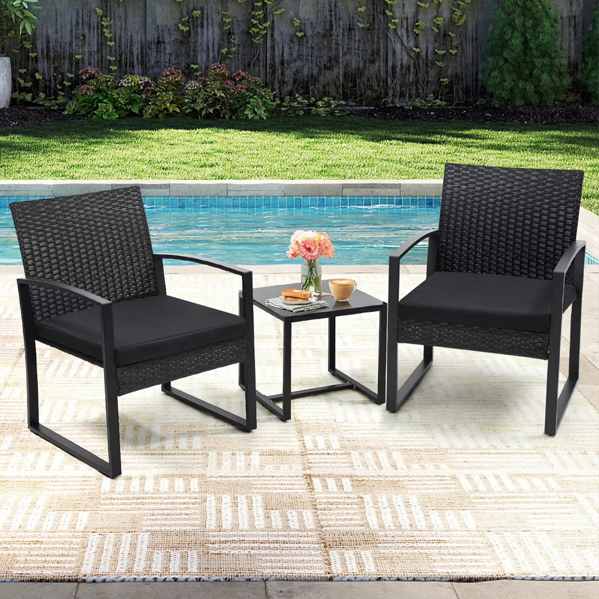 TUAREX Outdoor Wicker Bistro Set With Coffee Table And Cushions