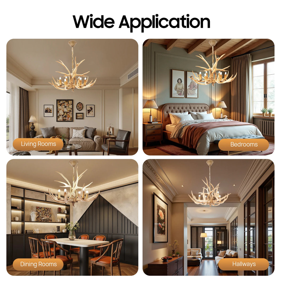 Retro Deer Antler Six Light Wood Ceiling Pendant Light