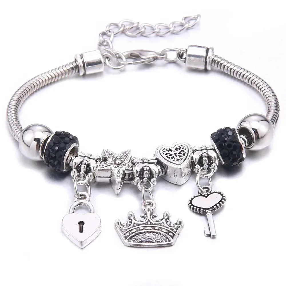 Elegant Butterfly Crown Beaded Charm Bracelet For Women