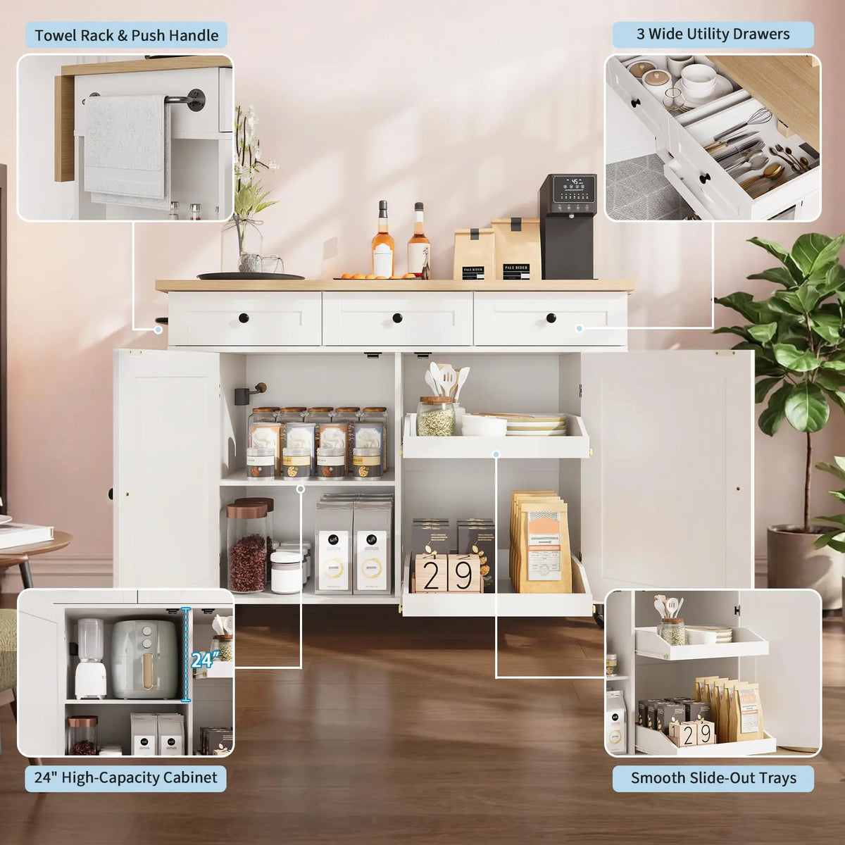 HiMISS Rolling Kitchen Island With Drop Leaf And Storage