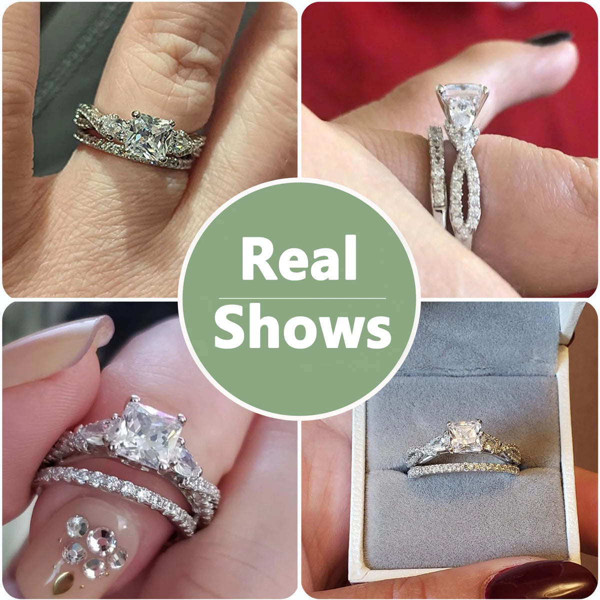 Newshe Sterling Silver Moissanite Wedding and Engagement Ring Set