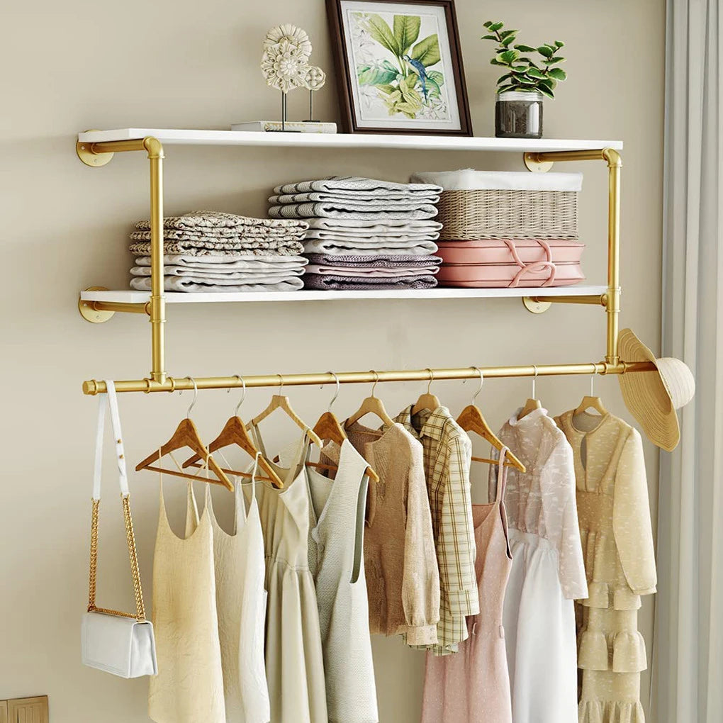 Heavy Duty Wall Mounted Pipe Clothing Rack With Open Shelves
