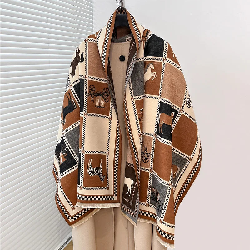 Women's Horse Print Winter Poncho Scarf Shawl Wrap for Outdoor Wear