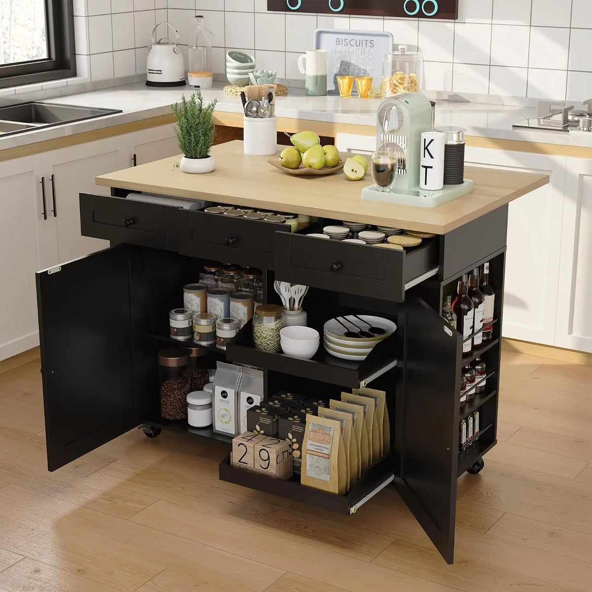 HiMISS Rolling Kitchen Island With Drop Leaf And Storage