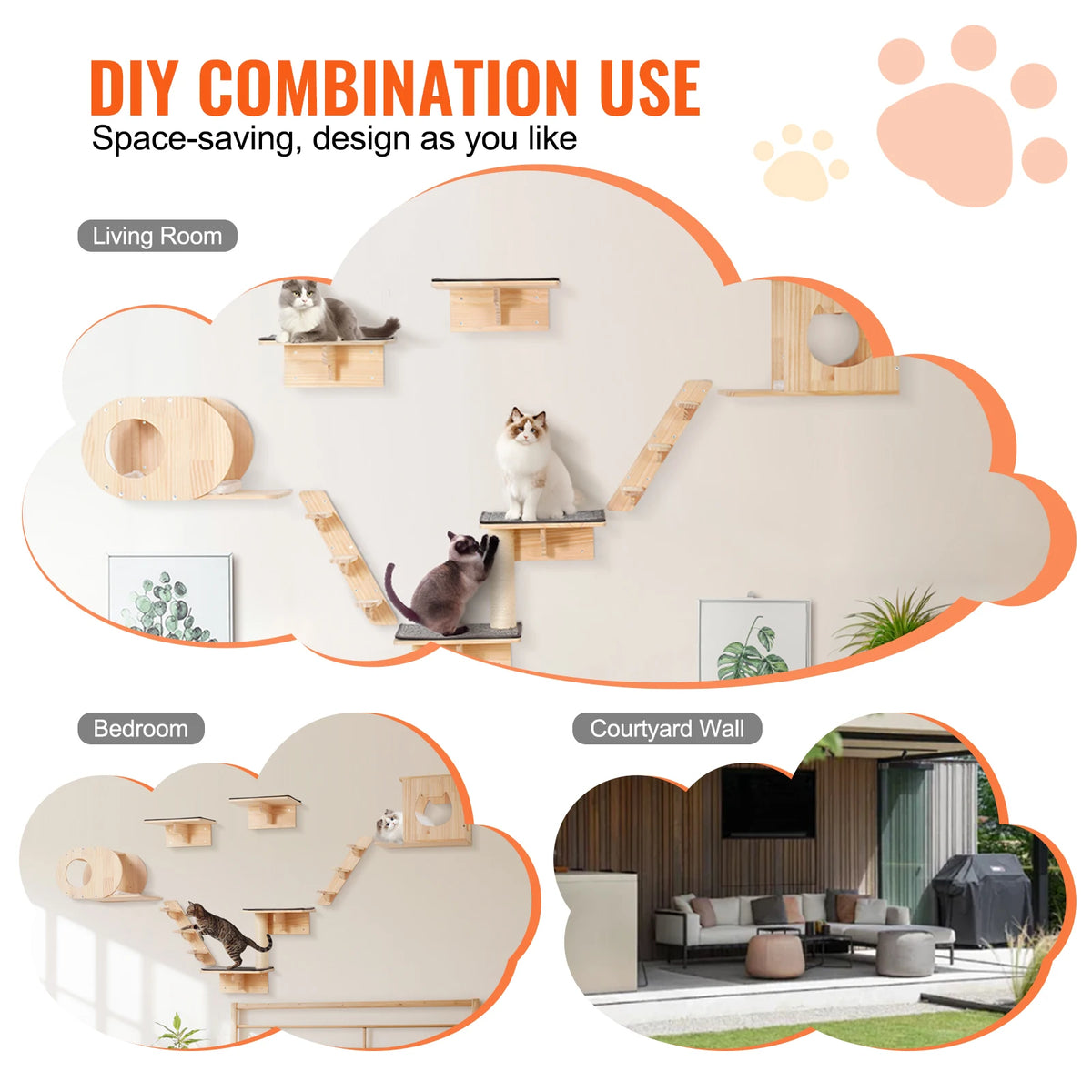 SucceBuy Wall Mounted Cat Shelves Wooden Jumping Board And Hammock
