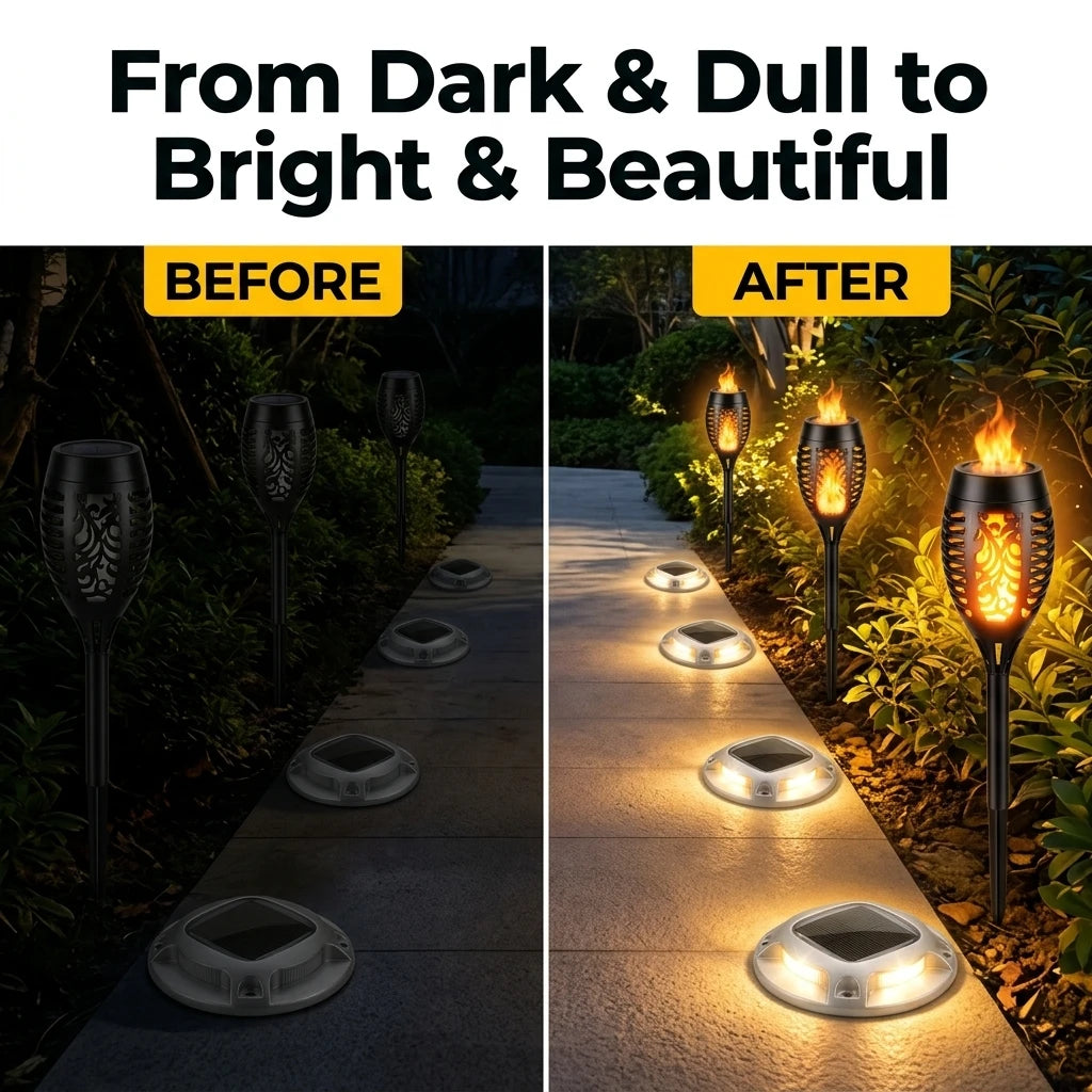 Solar Outdoor Flickering Flame Torch And Warm White Ground Lights