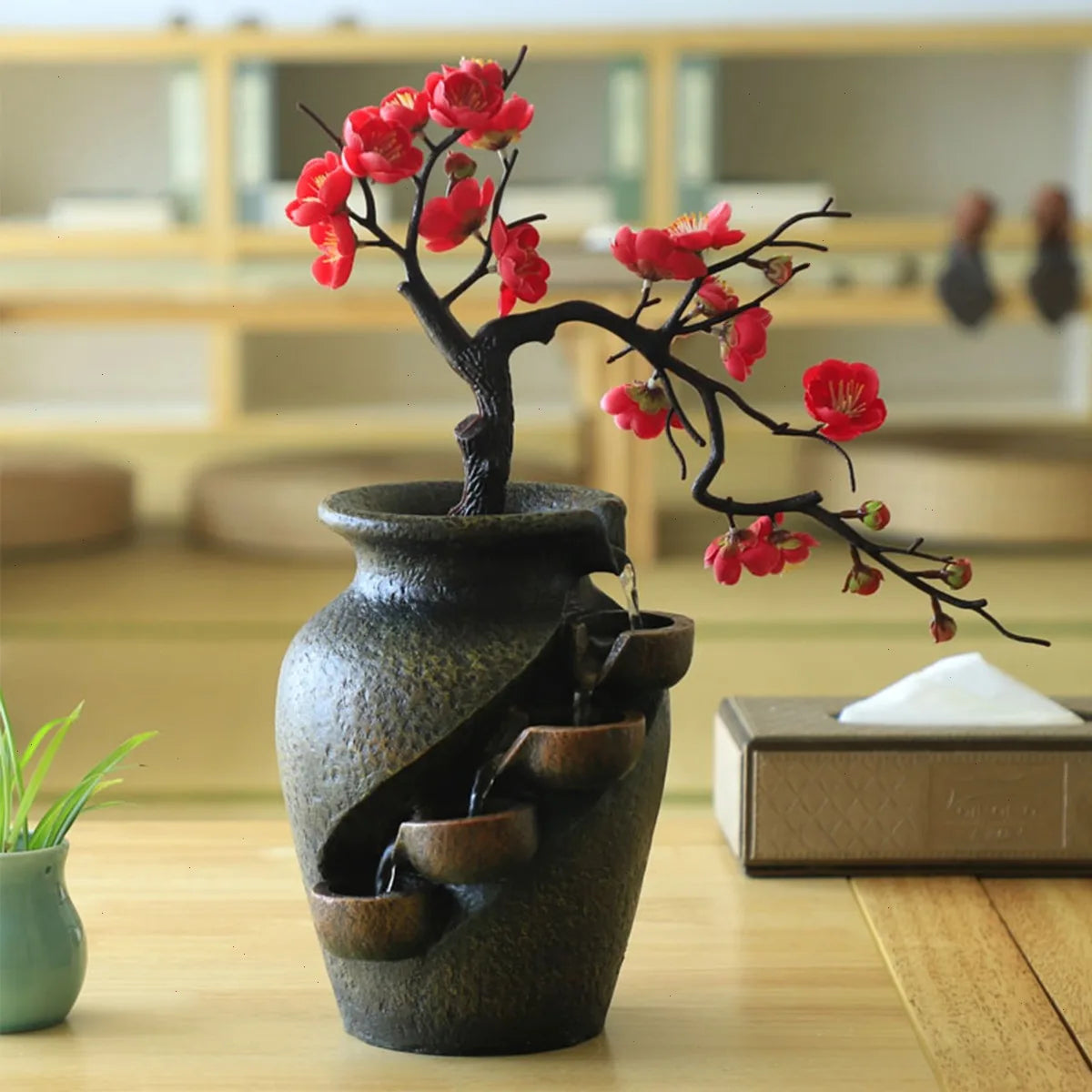 Byamaocar Tabletop Water Fountain With Simulated Flowers Indoor Decor