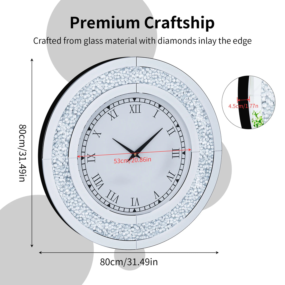 Crystal Diamond Mirror Wall Clock With Alarm Bedroom Home Decor