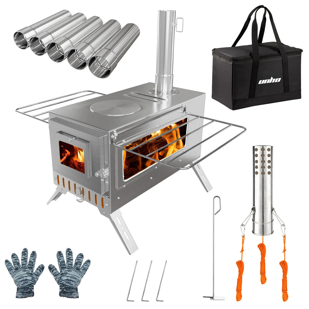 Portable Wood Burning Tent Stove With Chimney Pipes For Heating and Cooking