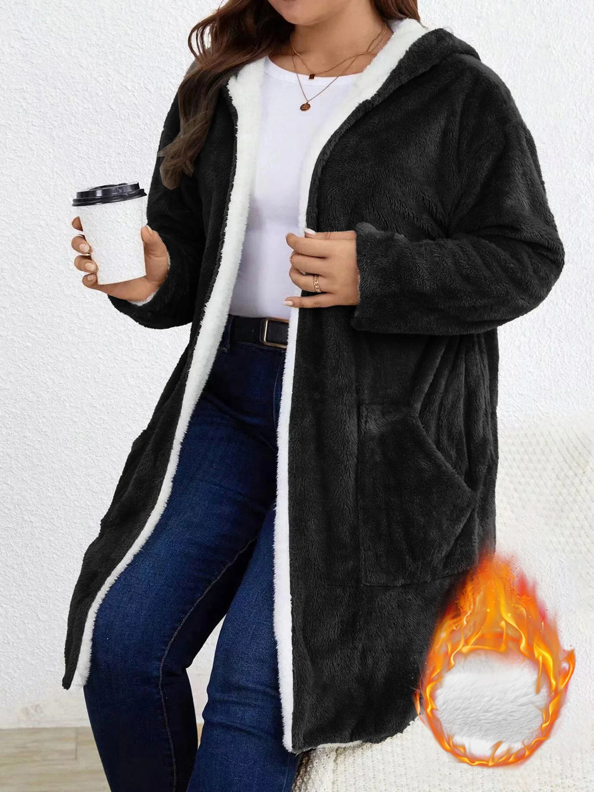 Womens Fleece Lined Hooded Sherpa Trim Open Cardigan Coat