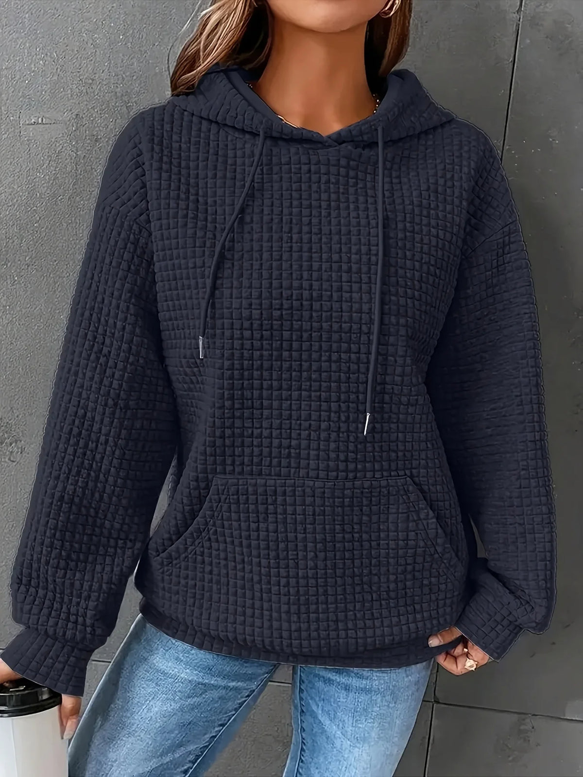 Women's Waffle Knit Pullover Hoodie With Kangaroo Pocket
