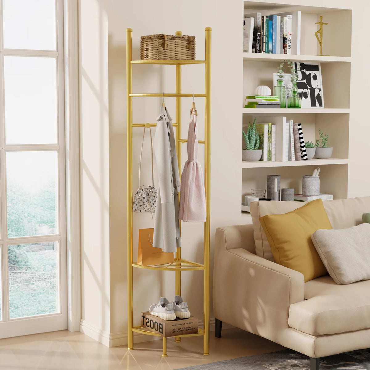 Freestanding Metal Coat Rack With Shelf And Hat Hooks