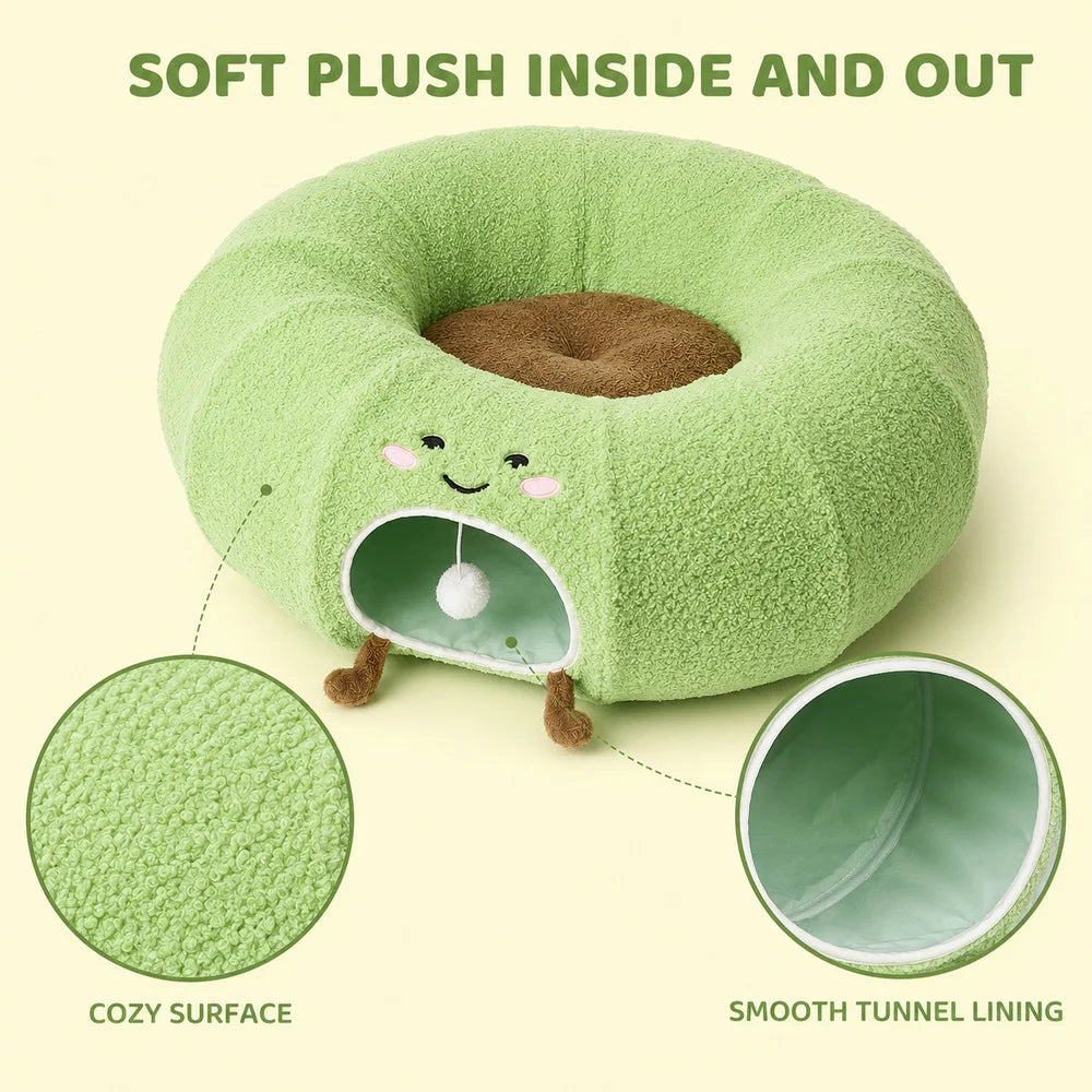 Convertible Cat Tunnel Bed With Plush Donut Cushion And Hideaway