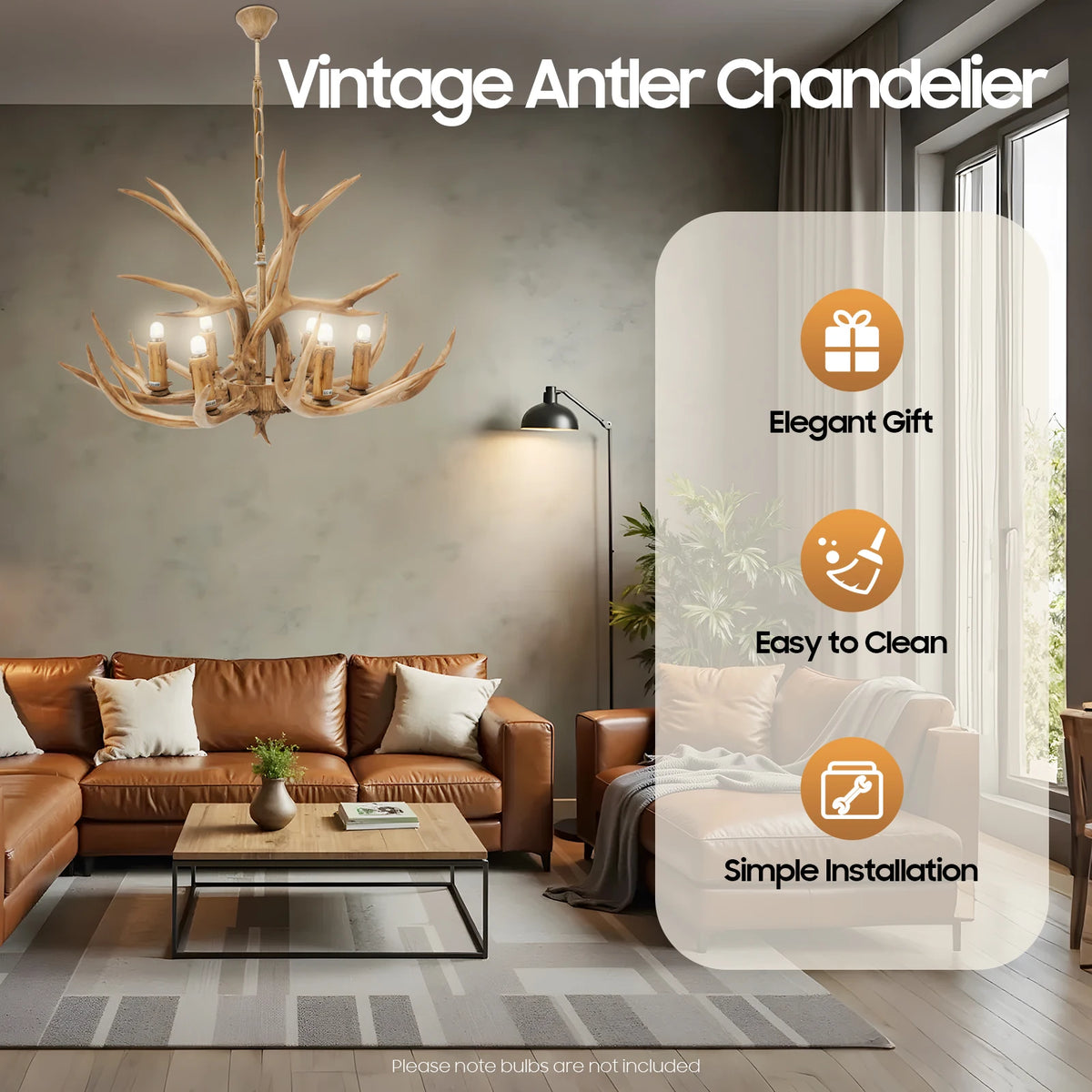Retro Deer Antler Six Light Wood Ceiling Pendant Light