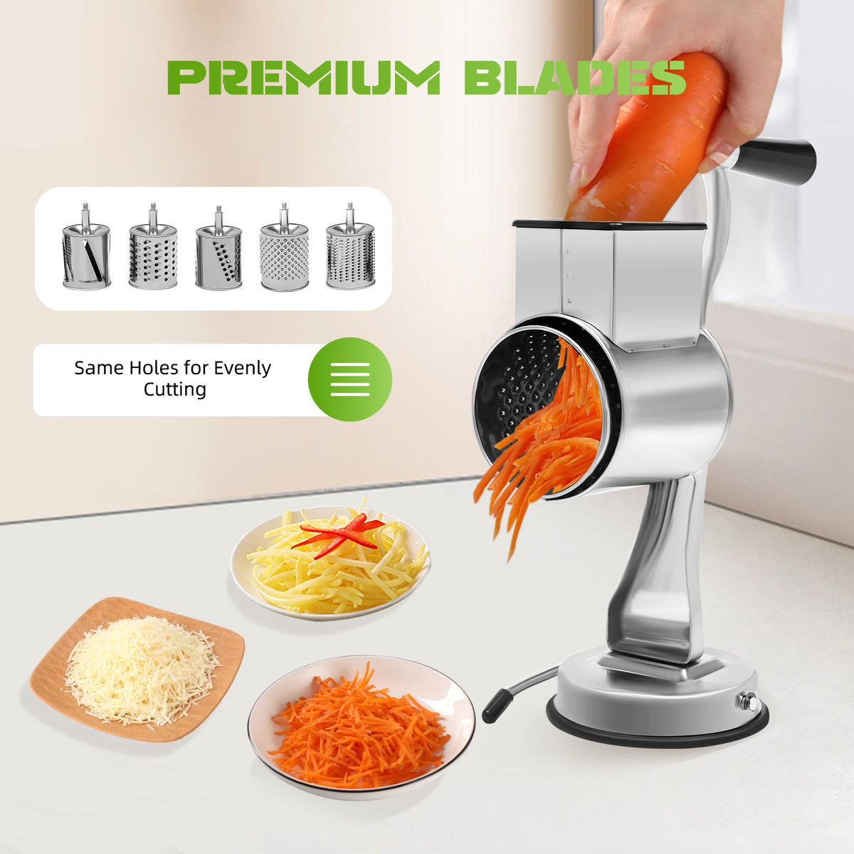 Stainless Steel Rotary Grater With 5 Blades Vegetable Cheese Slicer