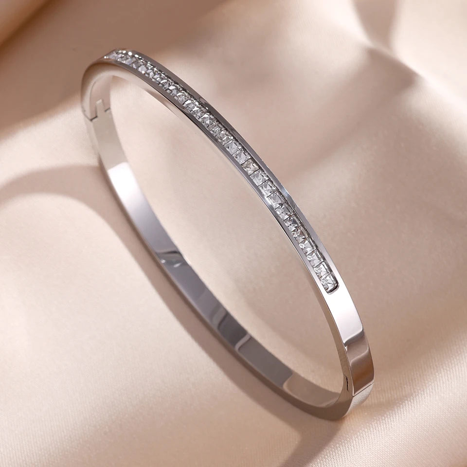 Sparkling Zirconia Stainless Steel Bracelet Set For Women