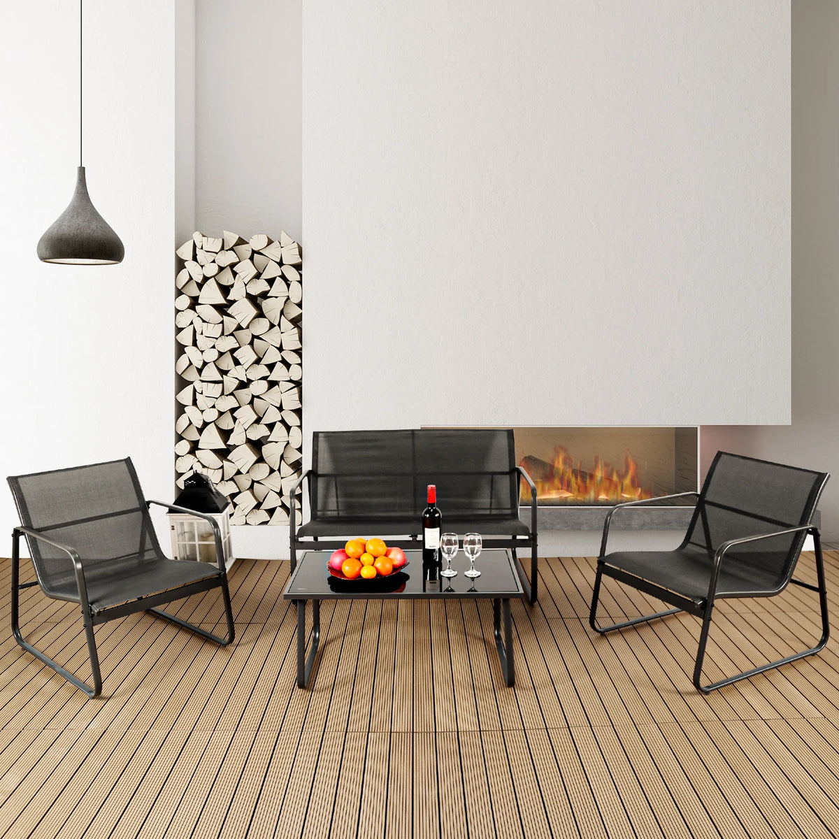 JHK Outdoor Patio 4 Piece Metal Sectional Set With Table
