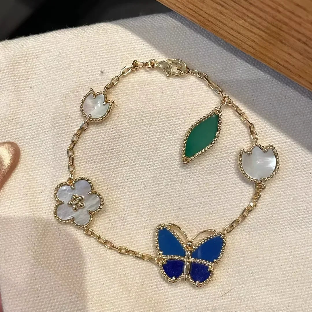 Retro Butterfly Flower Seashell Inlaid Chain Link Bracelet for Women