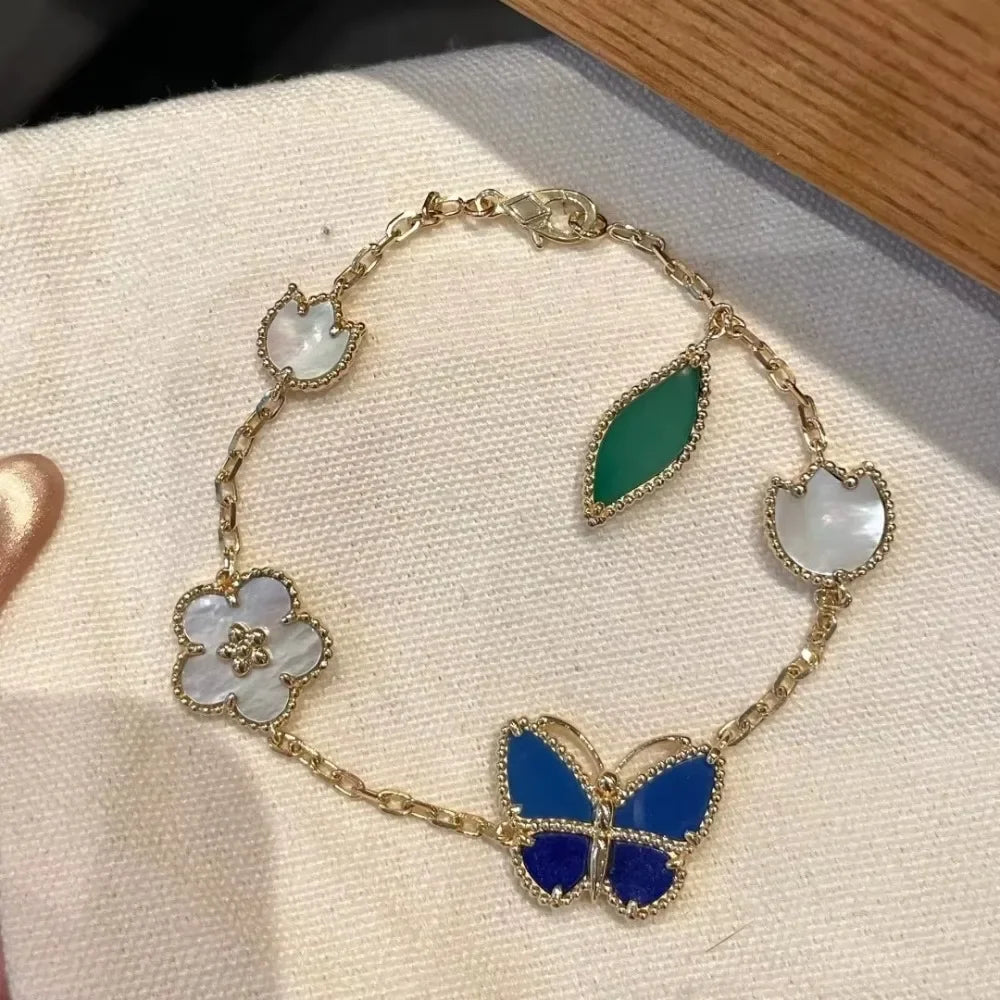 Retro Butterfly Flower Seashell Inlaid Chain Link Bracelet for Women