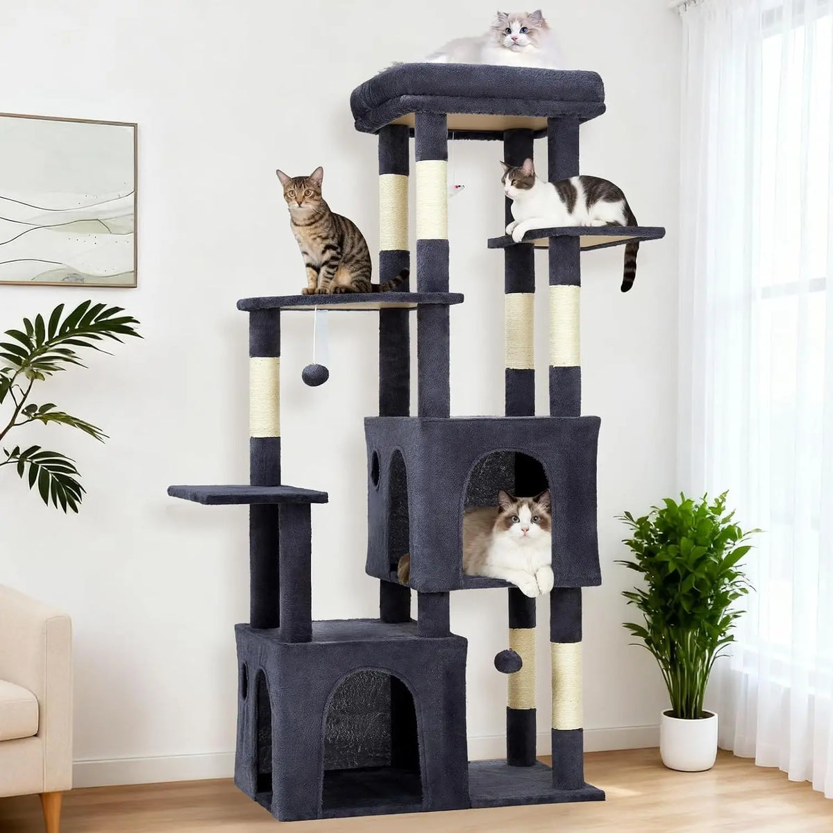 Multi-Level Cat Tree Tower With Condos, Scratching Posts And Perch