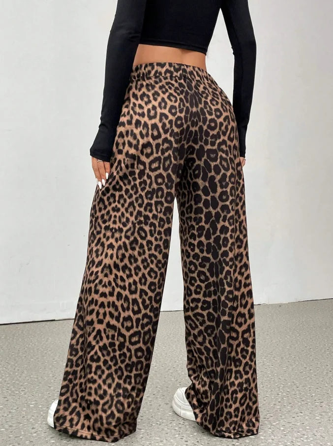 Womens Leopard Print Wide Leg High Waist Casual Trousers