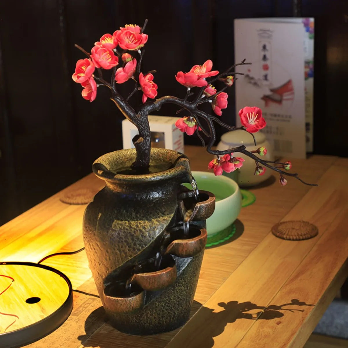 Byamaocar Tabletop Water Fountain With Simulated Flowers Indoor Decor