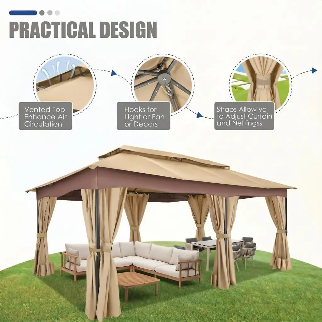 Tooluck Outdoor Gazebo with Curtains and Ventilated Double Roof Canopy