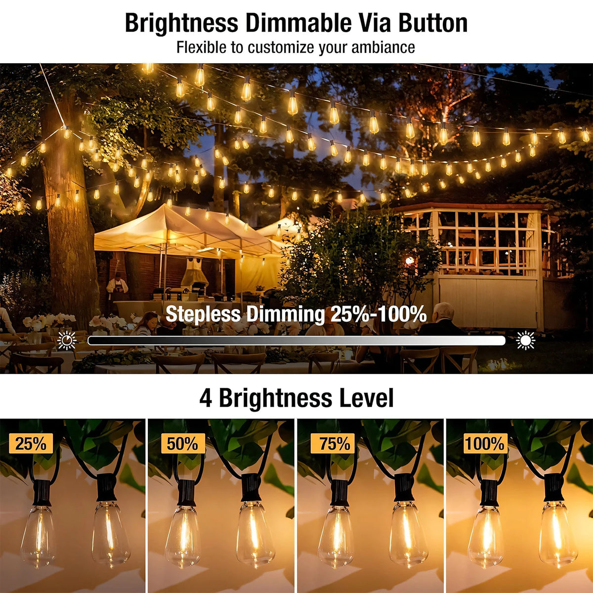 Solar Powered Outdoor String Lights With Warm White LED Bulbs