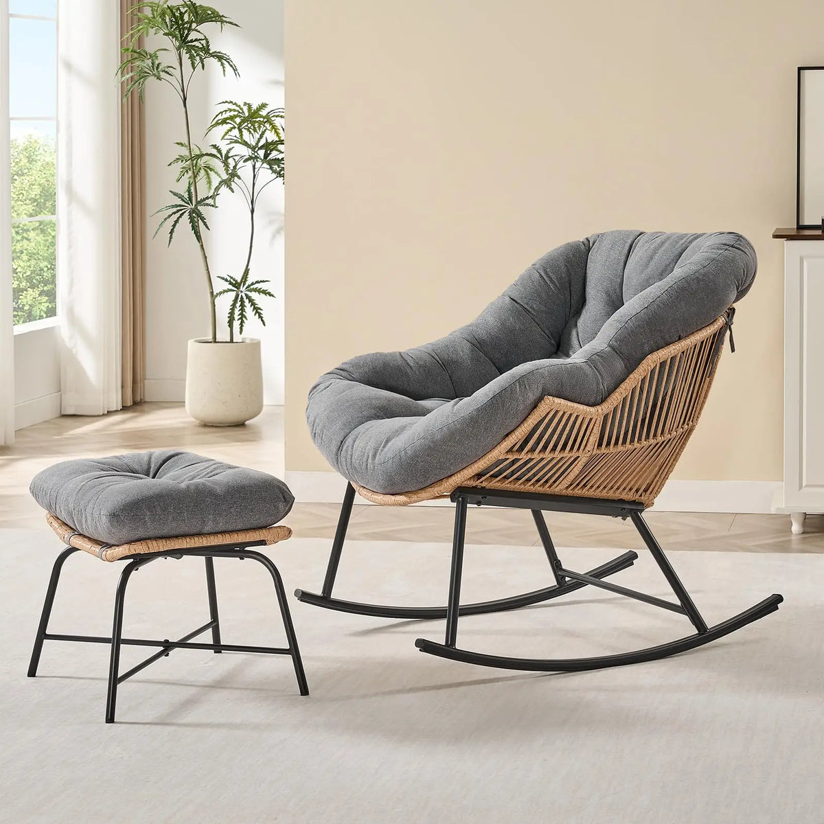 ONBRILL Rattan Papasan Rocking Chair And Ottoman Indoor Outdoor Lounge