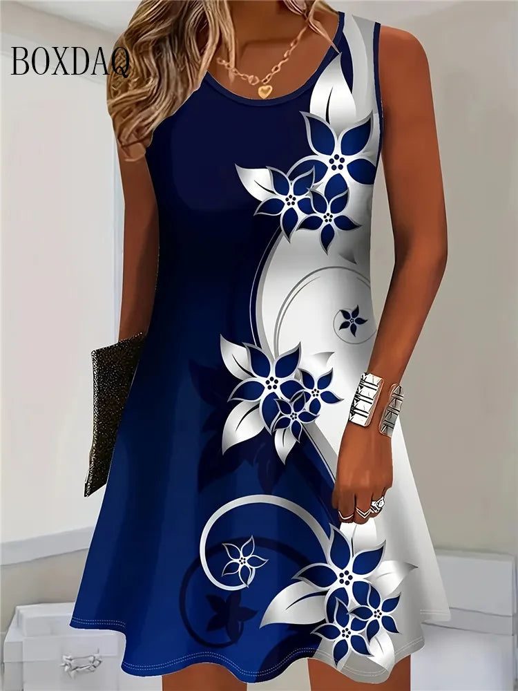 Women Casual Sleeveless Bohemian Floral Print Vest Dress