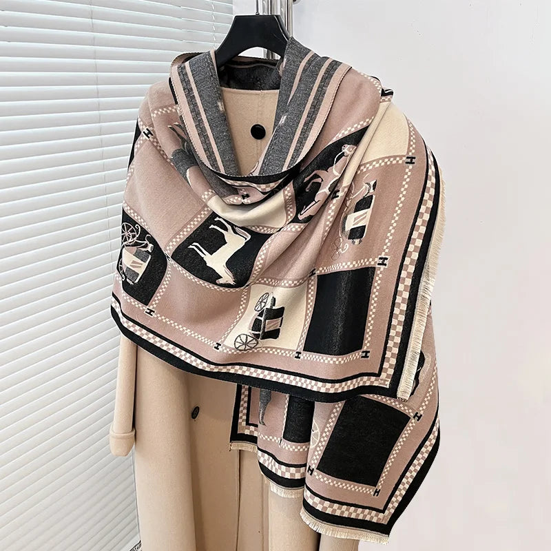 Women's Horse Print Winter Poncho Scarf Shawl Wrap for Outdoor Wear