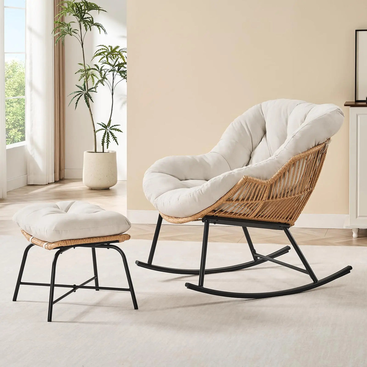 ONBRILL Rattan Papasan Rocking Chair And Ottoman Indoor Outdoor Lounge