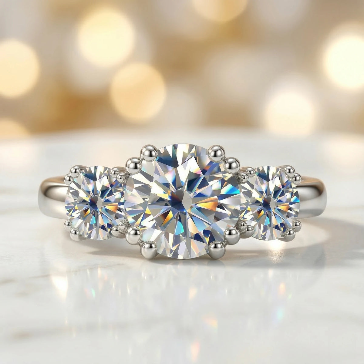 Three Stone Moissanite Sterling Silver Wedding Ring With Gold Plated Finish
