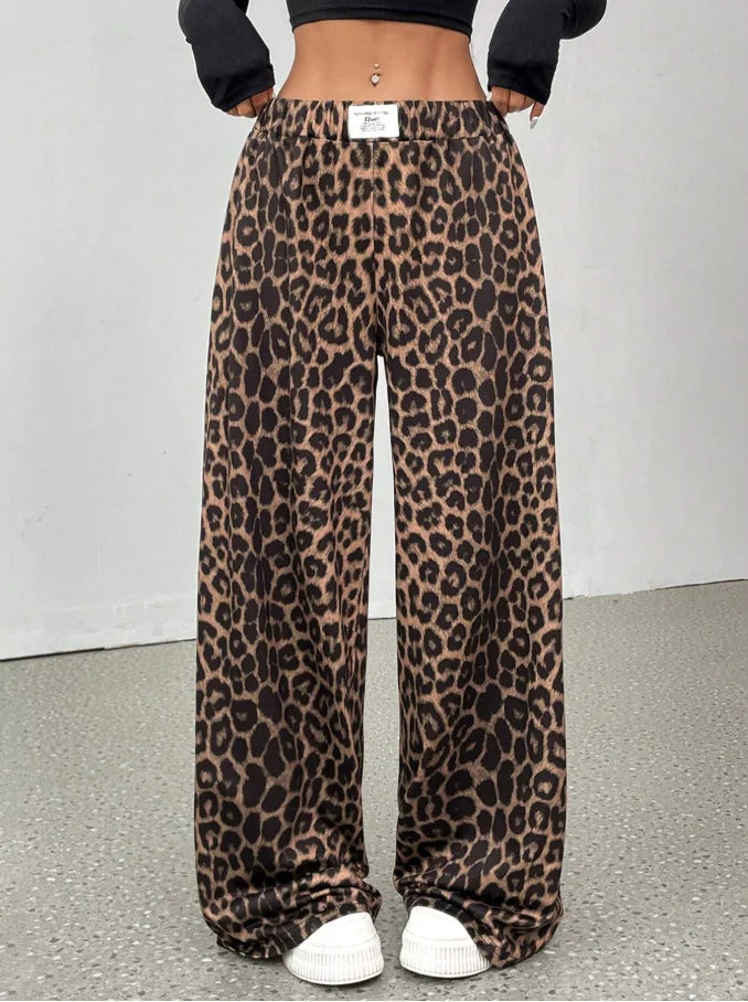 Womens Leopard Print Wide Leg High Waist Casual Trousers