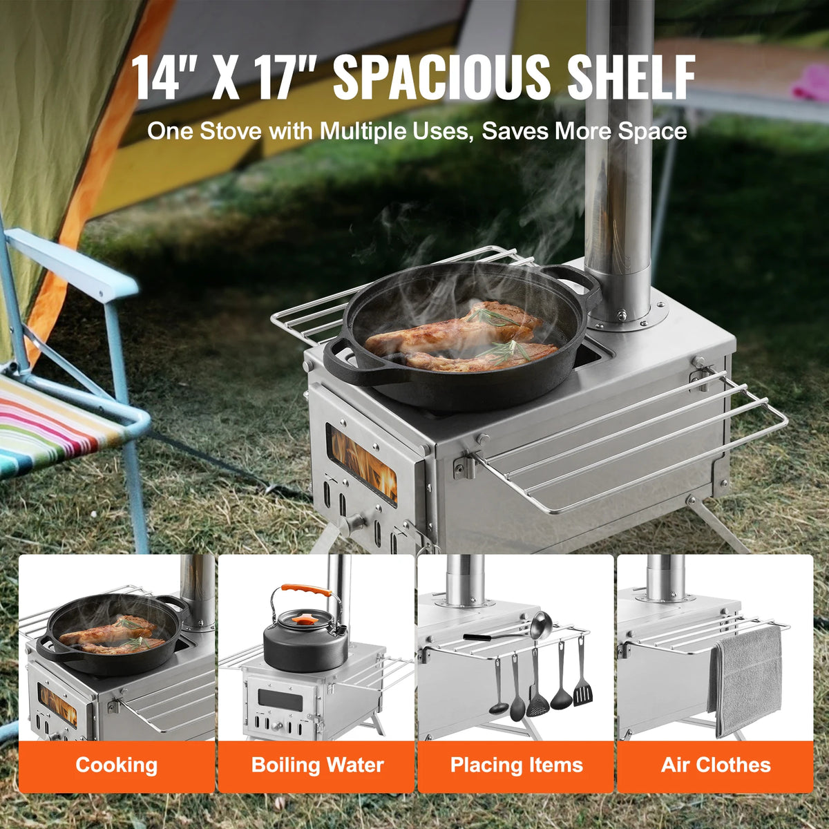 Portable Camping Wood Stove With Chimney Pipes And Protective Gloves